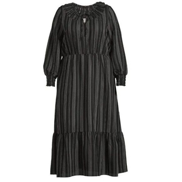 TERRA & SKY Peasant Tiered Long Sleeve Maxi Dress Plus 3X Ikat Stripe Black NWT - Picture 1 of 14